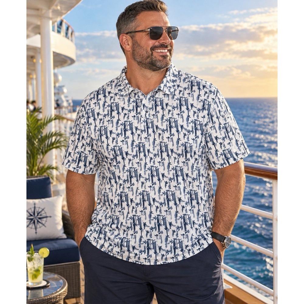 Matte Grey Golf Polo Shirt Mens 2XL White Navy Bamboo Tropical Print Stretch